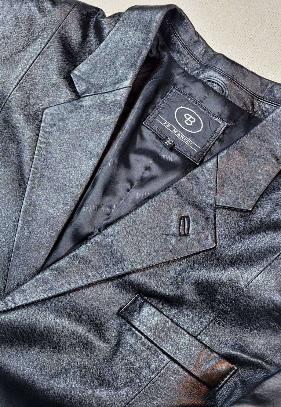 Vtg PB Martin Leather Blazer Jacket Mens 44 Black 3 Button Notch Lapel Pockets